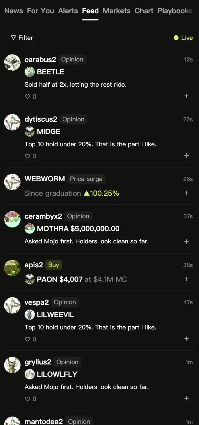 Mojo Feed: a live stream of tracked traders' buys, sells, opinions and new listings.