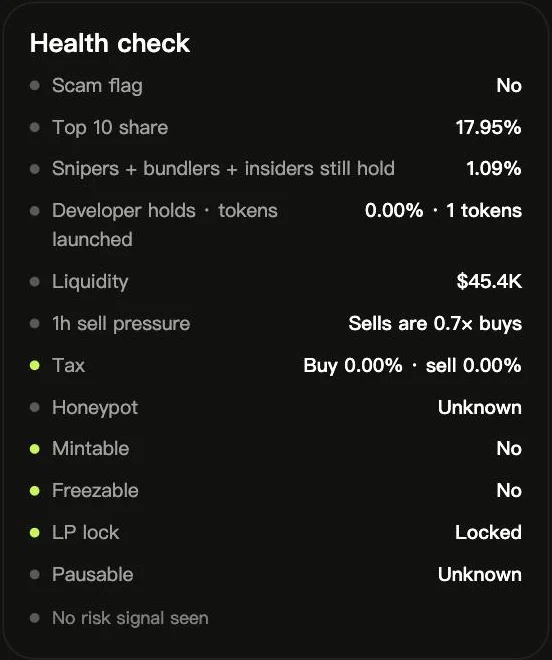 Token health check: scam flag, top-10 share, snipers and insiders, developer holdings, liquidity, sell pressure, tax, honeypot, mintable, freezable, LP lock and pausable.