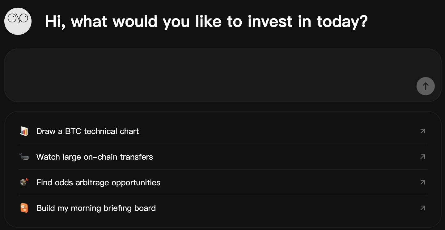 The Ask Mojo box with suggested requests: draw a BTC technical chart, watch large on-chain transfers, find odds arbitrage, build a morning briefing board.