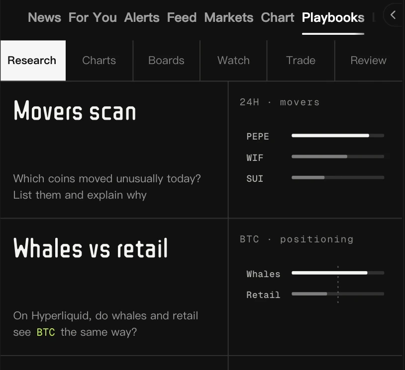 Mojo playbooks under feature tabs: Movers scan and Whales vs retail.