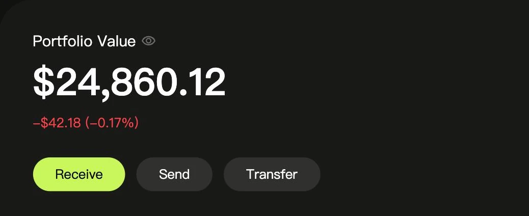 Portfolio value of $24,860.12 with Receive, Send and Transfer buttons.