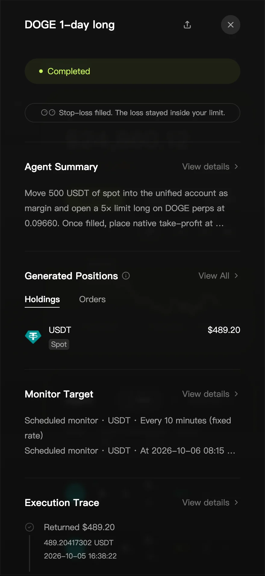 A completed Mojo trade agent on a phone: status, summary, positions and monitor target.