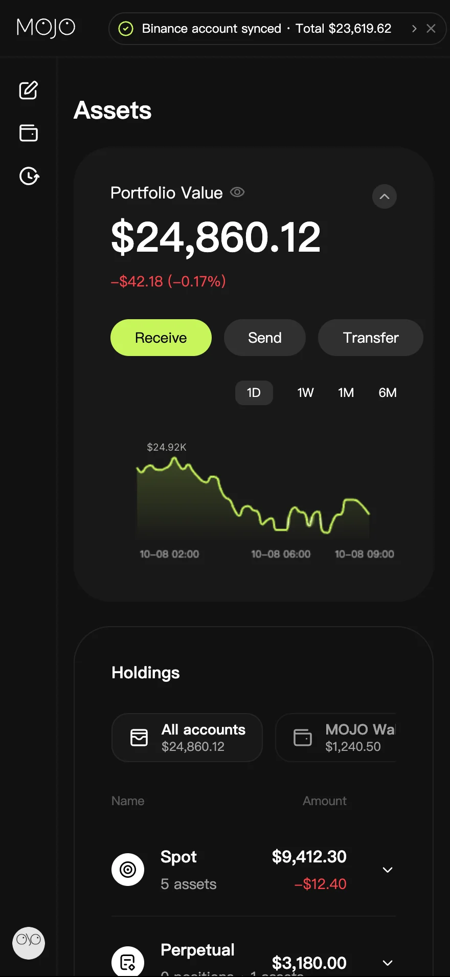 Mojo Assets on a phone: portfolio value, chart and holdings by account.