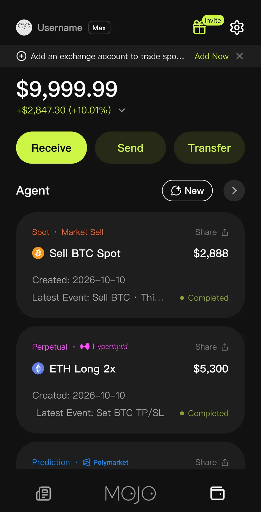 Mojo app home on a phone: portfolio value, Receive, Send and Transfer, and running agents with their latest event and status.