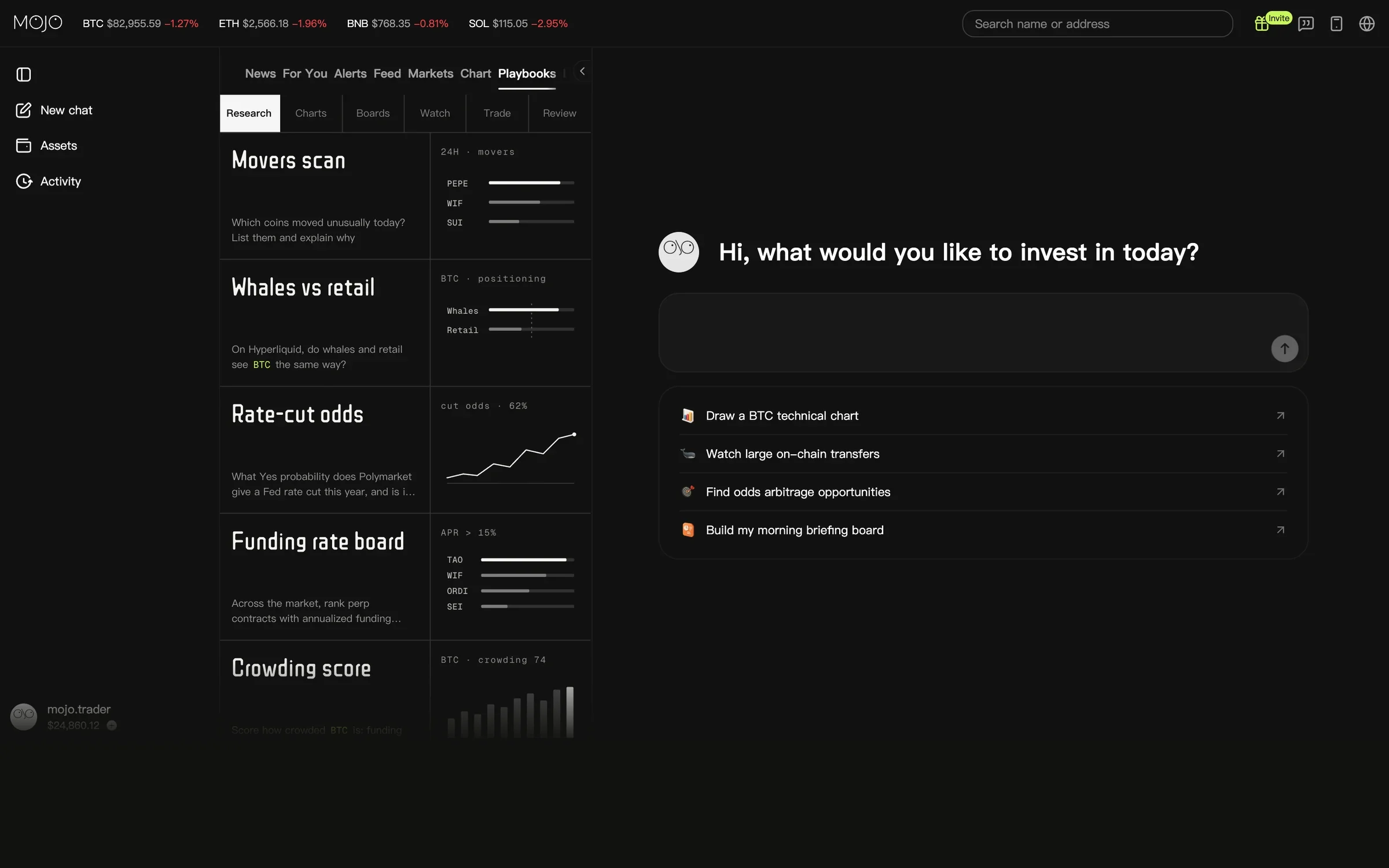 Mojo web app home: feature tabs, playbooks and the Ask Mojo box with suggested requests.